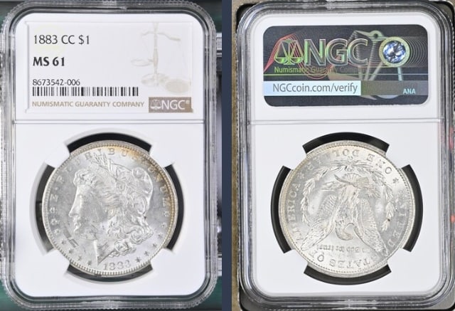 1883-CC Morgan Silver Dollar $1 NGC MS61: The product is an 1883-CC Morgan Silver Dollar $1 graded MS61 by NGC. It is a circulated silver coin with a fineness of 0.9, minted in Carson City. This coin has been certified by NGC, showcasing its 