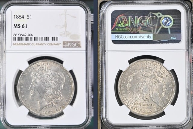 1884 Morgan Silver Dollar $1 NGC MS61: The product is an 1884 Morgan Silver Dollar $1 graded MS61 by NGC. It is a circulated silver coin with a fineness of 0.9, minted in Carson City. This coin has been certified by NGC, showcasing its aut