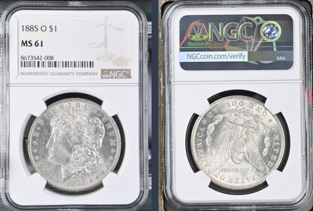 1885-O Morgan Silver Dollar $1 NGC MS61: The product is an 1885-O Morgan Silver Dollar $1 graded MS61 by NGC. It is a circulated silver coin with a fineness of 0.9, minted in New Orleans. This coin has been certified by NGC, showcasing its a
