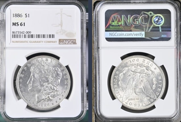 1886 Morgan Silver Dollar $1 NGC MS61: The product is an 1886 Morgan Silver Dollar $1 graded MS61 by NGC. It is a circulated silver coin with a fineness of 0.9, minted in Philadelphia. This coin has been certified by NGC, showcasing its au