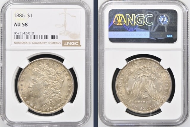 1886 Morgan Silver Dollar $1 NGC AU58: The product is an 1886 Morgan Silver Dollar $1 graded AU58 by NGC. It is a circulated silver coin with a fineness of 0.9, minted in Philadelphia. This coin has been certified by NGC, showcasing its au