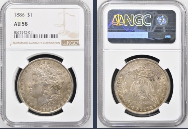 1886 Morgan Silver Dollar $1 NGC AU58: The product is an 1886 Morgan Silver Dollar $1 graded AU58 by NGC. It is a circulated silver coin with a fineness of 0.9, minted in Philadelphia. This coin has been certified by NGC, showcasing its au