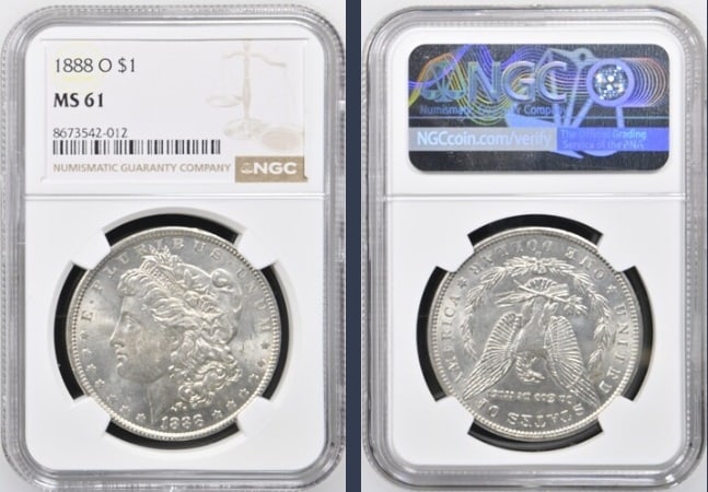 1888-O Morgan Silver Dollar $1 NGCMS61: The product is an 1888-O Morgan Silver Dollar $1 graded MS61 by NGC. It is a circulated silver coin with a fineness of 0.9, minted in New Orleans. This coin has been certified by NGC, showcasing its a