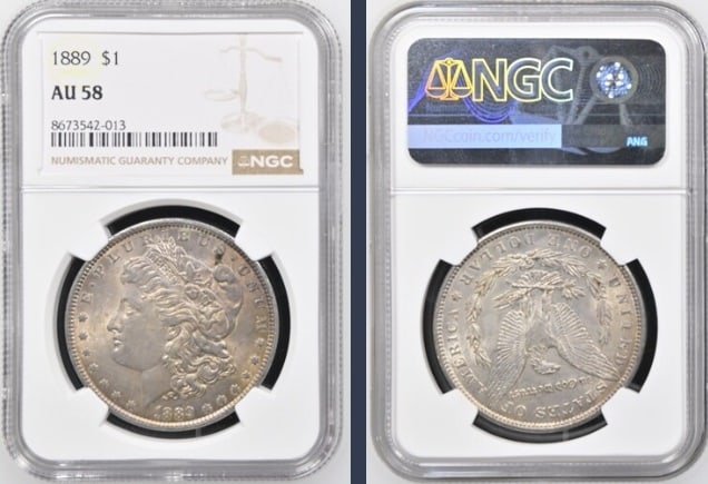 1889 Morgan Silver Dollar $1 NGC AU58: The product is an 1889 Morgan Silver Dollar $1 graded AU58 by NGC. It is a circulated silver coin with a fineness of 0.9, minted in Philadelphia. This coin has been certified by NGC, showcasing its au
