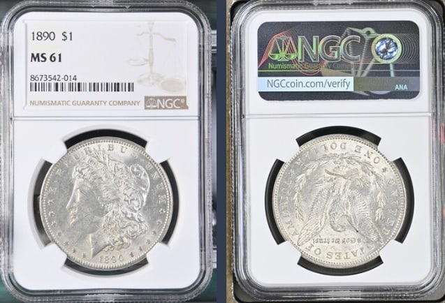 1890 Morgan Silver Dollar $1 NGC MS61: The product is an 1890 Morgan Silver Dollar $1 graded MS61 by NGC. It is a circulated silver coin with a fineness of 0.9, minted in Philadelphia. This coin has been certified by NGC, showcasing its au