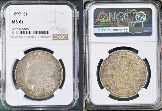 1897 Morgan Silver Dollar $1 NGC MS61: The product is an 1897 Morgan Silver Dollar $1 graded MS61 by NGC. It is a circulated silver coin with a fineness of 0.9, minted in Philadelphia. This coin has been certified by NGC, showcasing its au