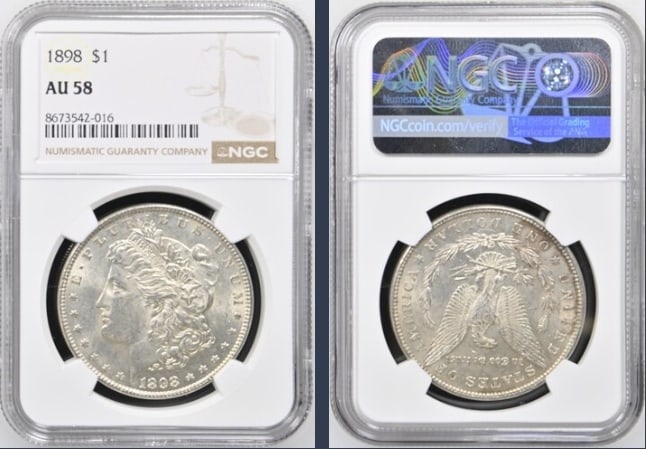 1898 Morgan Silver Dollar $1 NGC AU58: The product is an 1898 Morgan Silver Dollar $1 graded AU58 by NGC. It is a circulated silver coin with a fineness of 0.9, minted in Philadelphia. This coin has been certified by NGC, showcasing its au