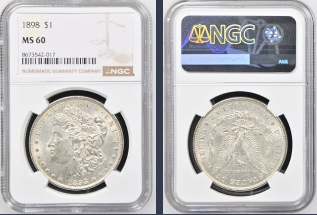 1898 Morgan Silver Dollar $1 NGC MS60: The product is an 1898 Morgan Silver Dollar $1 graded MS60 by NGC. It is a circulated silver coin with a fineness of 0.9, minted in Philadelphia. This coin has been certified by NGC, showcasing its au