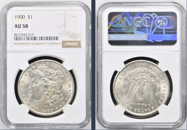 1900 Morgan Silver Dollar $1 NGC AU58: The product is a 1900 Morgan Silver Dollar $1 graded AU58 by NGC. It is a circulated silver coin with a fineness of 0.9, minted in Philadelphia. This coin has been certified by NGC, showcasing its aut