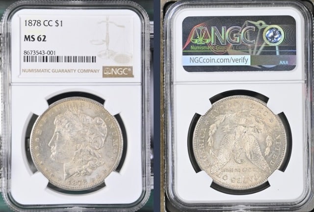 1878-CC Morgan Silver Dollar $1 NGC MS62: The product is an 1878-CC Morgan Silver Dollar $1 graded MS62 by NGC. It is a circulated silver coin with a fineness of 0.9, minted in Carson City. This coin has been certified by NGC, showcasing its 