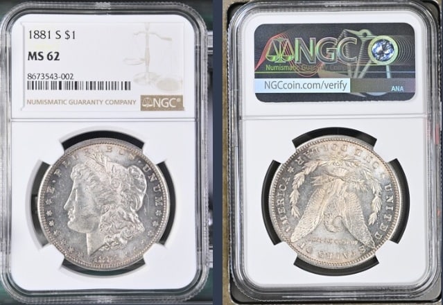 1881-S Morgan Silver Dollar $1 NGC MS62: The product is an 1881-S Morgan Silver Dollar $1 graded MS62 by NGC. It is a circulated silver coin with a fineness of 0.9, minted in San Francisco. This coin has been certified by NGC, showcasing its