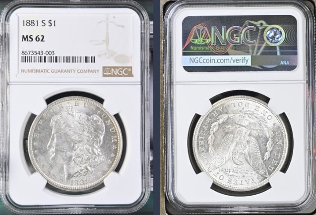 1881-S Morgan Silver Dollar $1 NGC MS62: The product is an 1881-S Morgan Silver Dollar $1 graded MS62 by NGC. It is a circulated silver coin with a fineness of 0.9, minted in San Francisco. This coin has been certified by NGC, showcasing its
