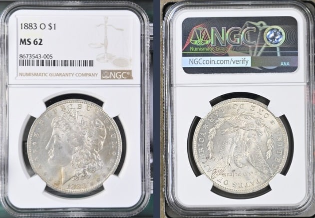 1883-O Morgan Silver Dollar $1 NGC MS62: The product is an 1883-O Morgan Silver Dollar $1 graded MS62 by NGC. It is a circulated silver coin with a fineness of 0.9, minted in New Orleans. This coin has been certified by NGC, showcasing its a