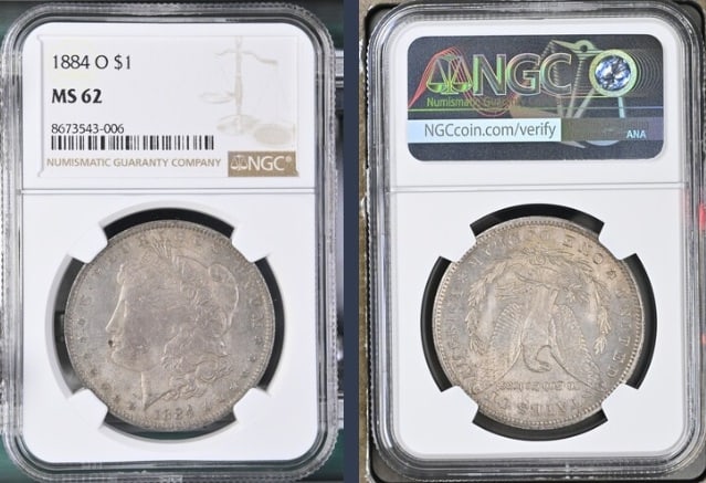 1884-O Morgan Silver Dollar $1 NGC MS62: The product is an 1884-O Morgan Silver Dollar $1 graded MS62 by NGC. It is a circulated silver coin with a fineness of 0.9, minted in New Orleans. This coin has been certified by NGC, showcasing its a