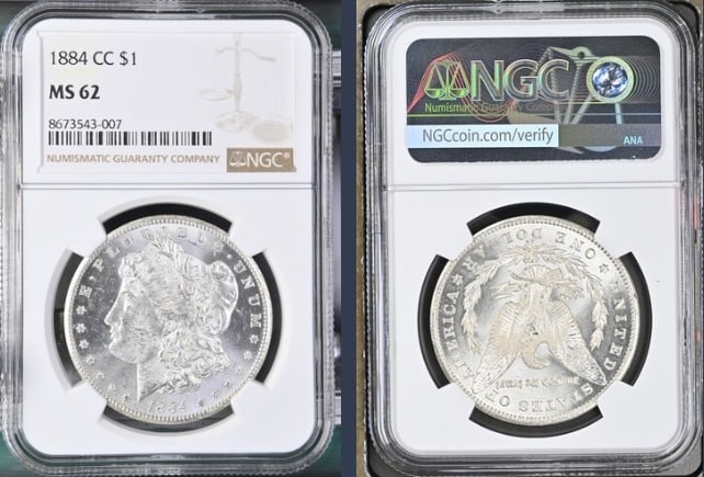 1884-CC Morgan Silver Dollar $1 NGC MS62: The product is an 1884-CC Morgan Silver Dollar $1 graded MS62 by NGC. It is a circulated silver coin with a fineness of 0.9, minted in Carson City. This coin has been certified by NGC, showcasing its 