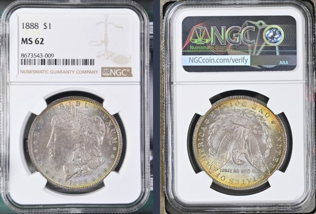 1888 Morgan Silver Dollar $1 NGC MS62: The product is an 1888 Morgan Silver Dollar $1 graded MS62 by NGC. It is a circulated silver coin with a fineness of 0.9, minted in Philadelphia. This coin has been certified by NGC, showcasing its au