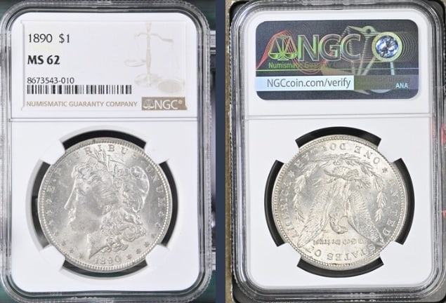 1890 Morgan Silver Dollar $1 NGC MS62: The product is an 1890 Morgan Silver Dollar $1 graded MS62 by NGC. It is a circulated silver coin with a fineness of 0.9, minted in Philadelphia. This coin has been certified by NGC, showcasing its au