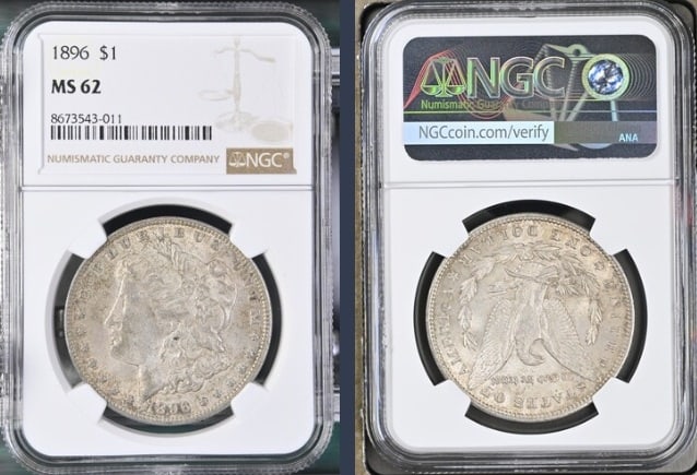 1896 Morgan Silver Dollar $1 NGC MS62: The product is an 1896 Morgan Silver Dollar $1 graded MS62 by NGC. It is a circulated silver coin with a fineness of 0.9, minted in Philadelphia. This coin has been certified by NGC, showcasing its au