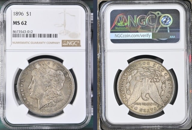 1896 Morgan Silver Dollar $1 NGC MS62: The product is an 1896 Morgan Silver Dollar $1 graded MS62 by NGC. It is a circulated silver coin with a fineness of 0.9, minted in Philadelphia. This coin has been certified by NGC, showcasing its au