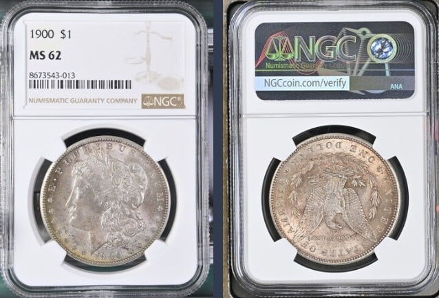 1900 Morgan Silver Dollar $1 NGC MS62: The product is a 1900 Morgan Silver Dollar $1 graded MS62 by NGC. It is a circulated silver coin with a fineness of 0.9, minted in Philadelphia. This coin has been certified by NGC, showcasing its aut