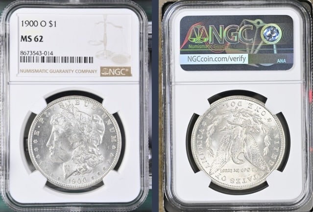 1900-O Morgan Silver Dollar $1 NGC MS62: The product is a 1900-O Morgan Silver Dollar $1 graded MS62 by NGC. It is a circulated silver coin with a fineness of 0.9, minted in New Orleans. This coin has been certified by NGC, showcasing its au
