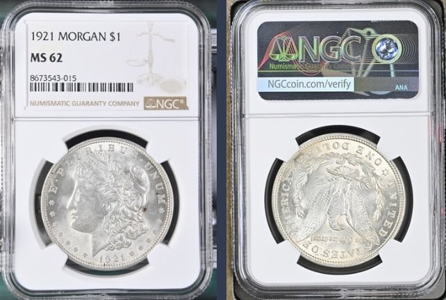 1921 Morgan Silver Dollar $1 NGC MS62: The product is a 1921 Morgan Silver Dollar $1 graded MS62 by NGC. It is a circulated silver coin with a fineness of 0.9, minted in Philadelphia. This coin has been certified by NGC, showcasing its aut