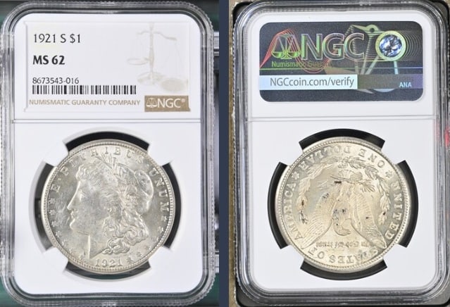1921-S Morgan Silver Dollar $1 NGC MS62: The product is a 1921-S Morgan Silver Dollar $1 graded MS62 by NGC. It is a circulated silver coin with a fineness of 0.9, minted in San Francisco. This coin has been certified by NGC, showcasing its 