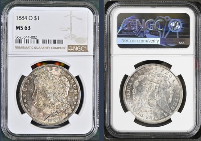 1884-O Morgan Silver Dollar $1 NGC MS63: The product is a 1884-O Morgan Silver Dollar $1 graded MS63 by NGC. It is a circulated silver coin with a fineness of 0.9, minted in New Orleans. This coin has been certified by NGC, showcasing its au
