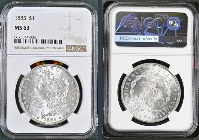 1885 Morgan Silver Dollar $1 NGC MS63: The product is a 1885 Morgan Silver Dollar $1 graded MS63 by NGC. It is a circulated silver coin with a fineness of 0.9, minted in Philadelphia. This coin has been certified by NGC, showcasing its aut
