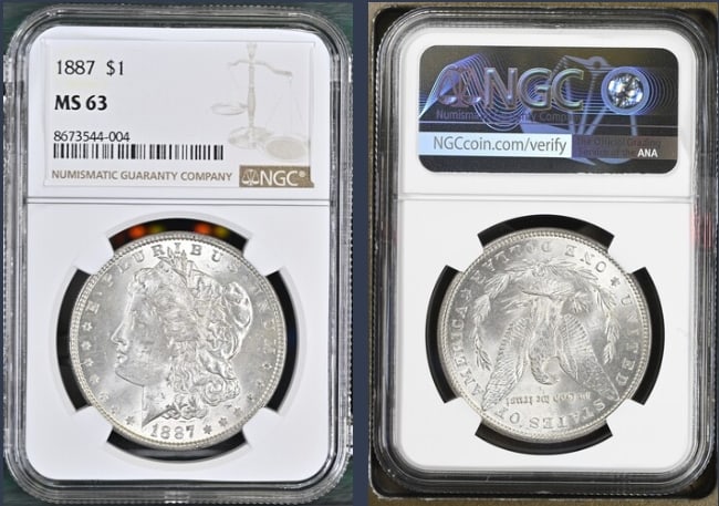 1887 Morgan Silver Dollar $1 NGC MS63: The product is a 1887 Morgan Silver Dollar $1 graded MS63 by NGC. It is a circulated silver coin with a fineness of 0.9, minted in Philadelphia. This coin has been certified by NGC, showcasing its aut