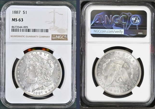 1887 Morgan Silver Dollar $1 NGC MS63: The product is a 1887 Morgan Silver Dollar $1 graded MS63 by NGC. It is a circulated silver coin with a fineness of 0.9, minted in Philadelphia. This coin has been certified by NGC, showcasing its aut