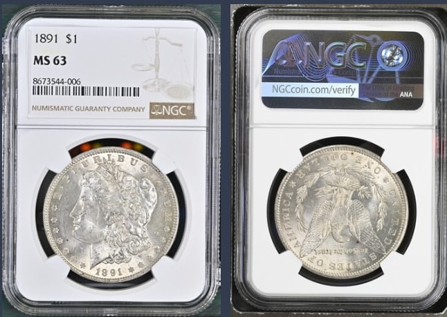 1891 Morgan Silver Dollar $1 NGC MS63: The product is a 1891 Morgan Silver Dollar $1 graded MS63 by NGC. It is a circulated silver coin with a fineness of 0.9, minted in Philadelphia. This coin has been certified by NGC, showcasing its aut