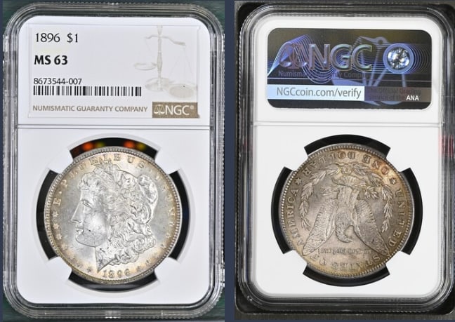 1896 Morgan Silver Dollar $1 NGC MS63: The product is a 1896 Morgan Silver Dollar $1 graded MS63 by NGC. It is a circulated silver coin with a fineness of 0.9, minted in Philadelphia. This coin has been certified by NGC, showcasing its