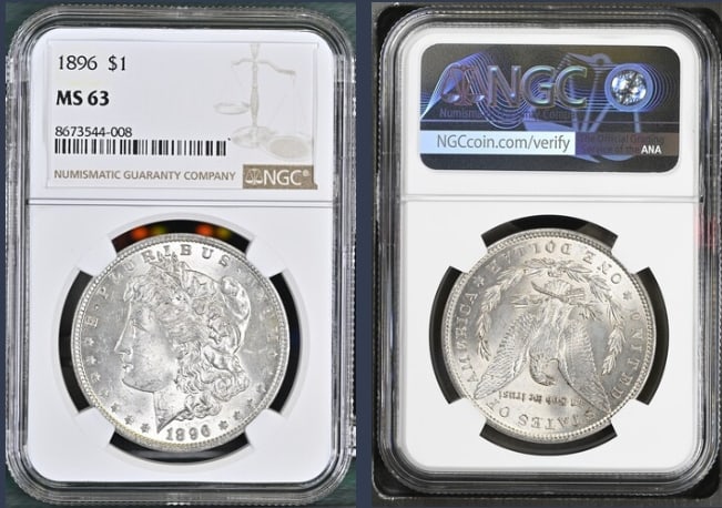 1896 Morgan Silver Dollar $1 NGC MS63: The product is a 1896 Morgan Silver Dollar $1 graded MS63 by NGC. It is a circulated silver coin with a fineness of 0.9, minted in Philadelphia. This coin has been certified by NGC, showcasing its