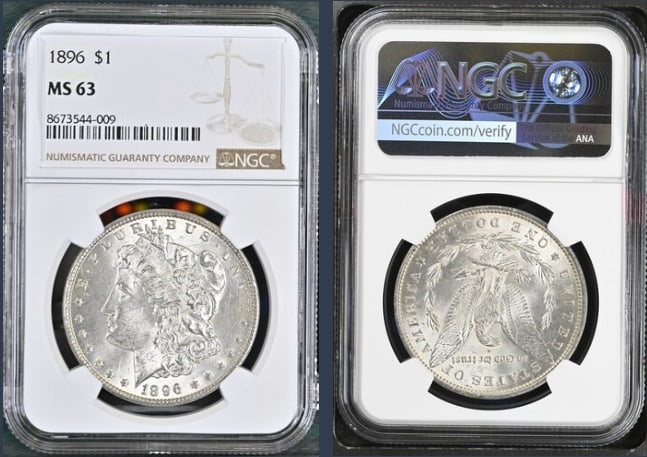 1896 Morgan Silver Dollar $1 NGC MS63: The product is a 1896 Morgan Silver Dollar $1 graded MS63 by NGC. It is a circulated silver coin with a fineness of 0.9, minted in Philadelphia. This coin has been certified by NGC, showcasing its