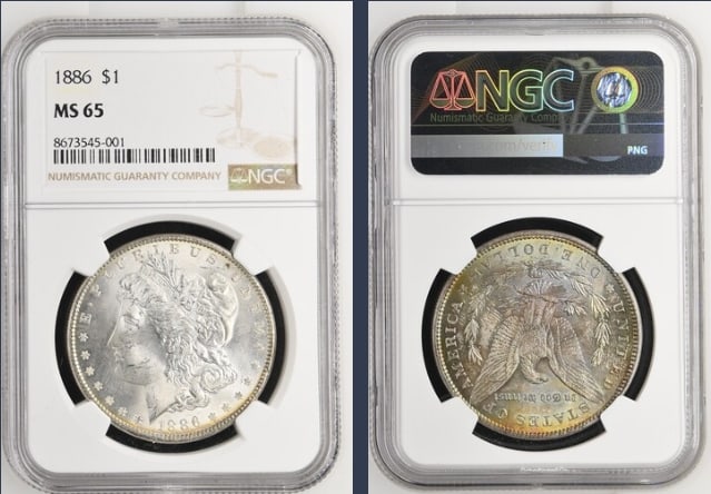 1886 Morgan Silver Dollar $1 NGC MS65: The product is a 1886 Morgan Silver Dollar $1 graded MS65 by NGC. It is a circulated silver coin with a fineness of 0.9, minted in Philadelphia. This coin has been certified by NGC, showcasing its