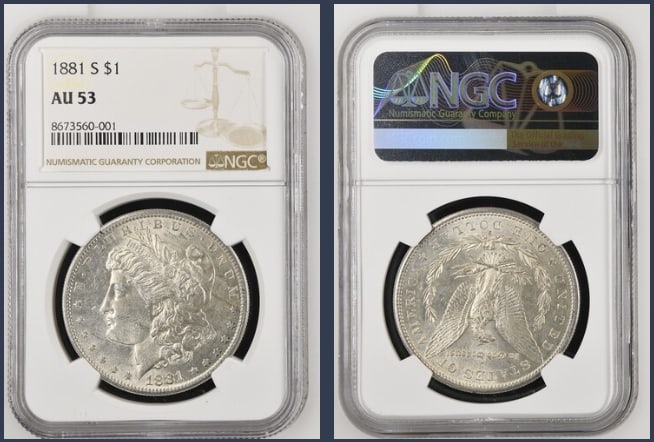 1881-S Morgan Silver Dollar $1 NGC AU53: The product is a 1881-S Morgan Silver Dollar $1 graded AU53 by NGC. It is a circulated silver coin with a fineness of 0.9, minted in San Francisco. This coin has been certified by NGC, showcasing its