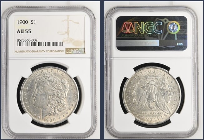 1900 Morgan Silver Dollar $1 NGC AU55: The product is a 1900 Morgan Silver Dollar $1 graded AU55 by NGC. It is a circulated silver coin with a fineness of 0.9, minted in Philadelphia. This coin has been certified by NGC, showcasing its