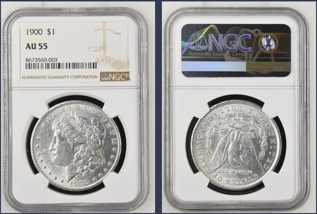 1900 Morgan Silver Dollar $1 NGC AU55: The product is a 1900 Morgan Silver Dollar $1 graded AU55 by NGC. It is a circulated silver coin with a fineness of 0.9, minted in Philadelphia. This coin has been certified by NGC, showcasing its