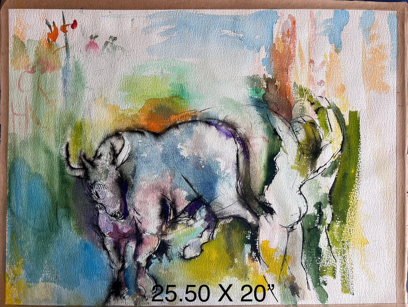 Naked woman & a Bulll Water Color painting by William Firschein: This watercolor painting by William Firschein depicts a bull in motion with a figure of a human on the right side. The painting uses a variety of colors and brushstrokes to create a dynamic and