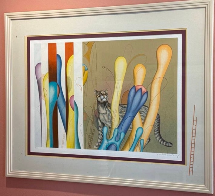 Large Cat Serigraph: Large Serigraph by Yankel Ginzburg - Felines & Ladders. Signed and numbered. Very cool framing with cut matte matching the ladder in the serigraph. There are some marking on the left of the