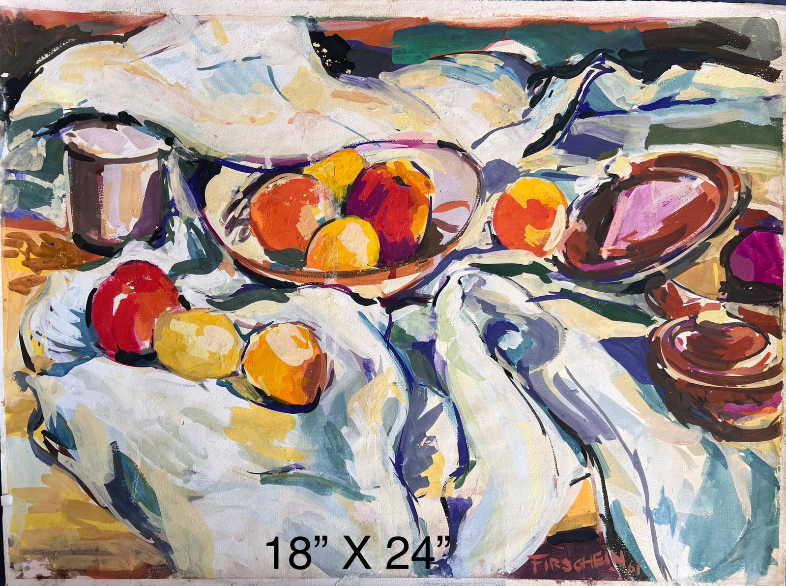Fruits Water Color painting by William Firschein: This is a water color painting featuring fruits and drapery signed "FIRSCHEIN". The artwork depicts a still life with various fruits arranged on a table covered with a white draped cloth. A metal jug 