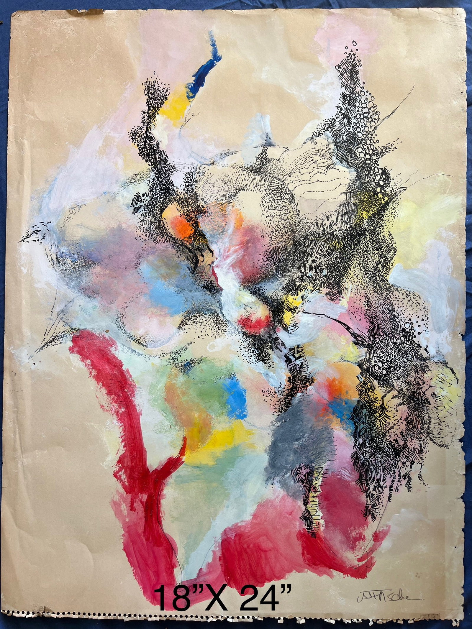 Abstract Water Color painting by William Firschein: The appears to be an abstract painting. It is an original piece of art, not a mass-produced. The style is abstract expressionism, featuring bold colors and intricate detailing.Signed by Bill