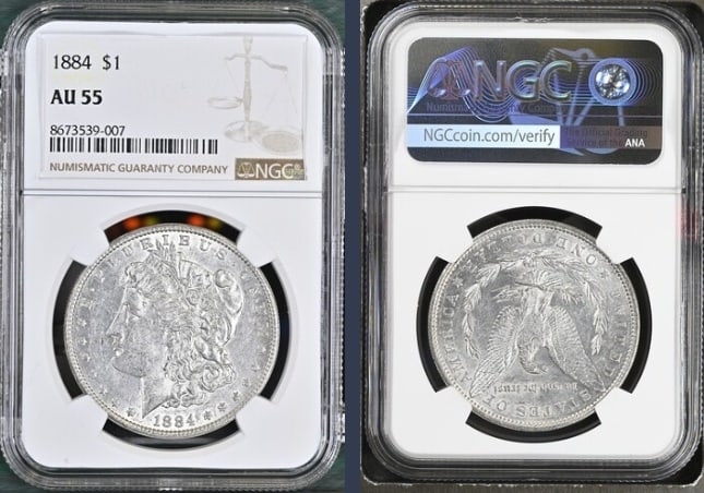 1884 Morgan Silver Dollar $1 NGC AU55: The product is an 1884 Morgan Silver Dollar $1 graded AU55 by NGC. It is a circulated silver coin with a fineness of 0.9, minted in Philadelphia. This coin has been certified by NGC, showcasing its au