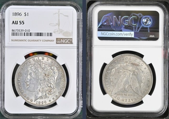 1896 Morgan Silver Dollar $1 NGC AU55: The product is an 1896 Morgan Silver Dollar $1 graded AU55 by NGC. It is a circulated silver coin with a fineness of 0.9, minted in Philadelphia. This coin has been certified by NGC, showcasing its au