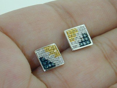 10k White Gold Multi-color Diamond Earring: 10k White Gold Multi-color Diamond Earrings. The total earring weight is 1.5 grams. Total White , Black and Yellow colored Diamond weight are approximately 50 pts,J color SI clarity. The size of the e