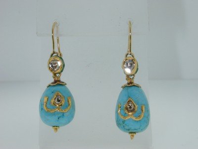 18k Yellow Gold Turquoise Diamond Earrings! No Res