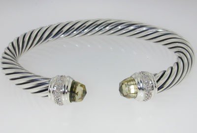 David Yurman Silver Prasiolite Diamond Bangle,: David Yurman Prasiolite & Diamond Bangle in Silver, The total Bangle 's weight is 43.5 grams. The total diamond weight is 30 pts approxmiately,H color VS clarity. The size of the Prasiolite is 7x7 mm,