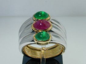 Marina B 18k 2 Tone Gold Ruby Emerald Ring!!: Authentic Marina B 18k 2 Tone (Yellow-White) Gold Cabochon Ruby,Cabochon Emerald Ring, The total ring's weight is 13.2 grams. The size of Cabochon Ruby is 6x5 mm. The size of Each Cabochon Emerald is