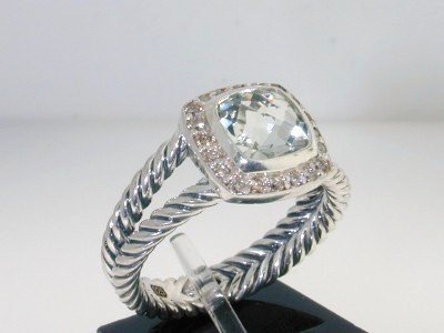 David Yurman Silver Diamond Prasiolite Ring: Beautiful David Yurman Silver Prasiolite Diamond Ring.The total ring's weight is 5.5 grams.The size of the ring is 6.5"The size of the prasiolite: 7 x 7mm. The total weight of the Diamond is 0.20 cts 